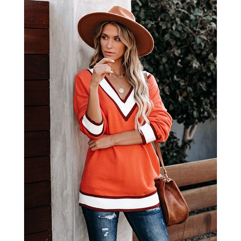 V-neck striped women fashion clothes casual luxury plus size handmade knitted thick sweater 2021 winter outdoor custom logo