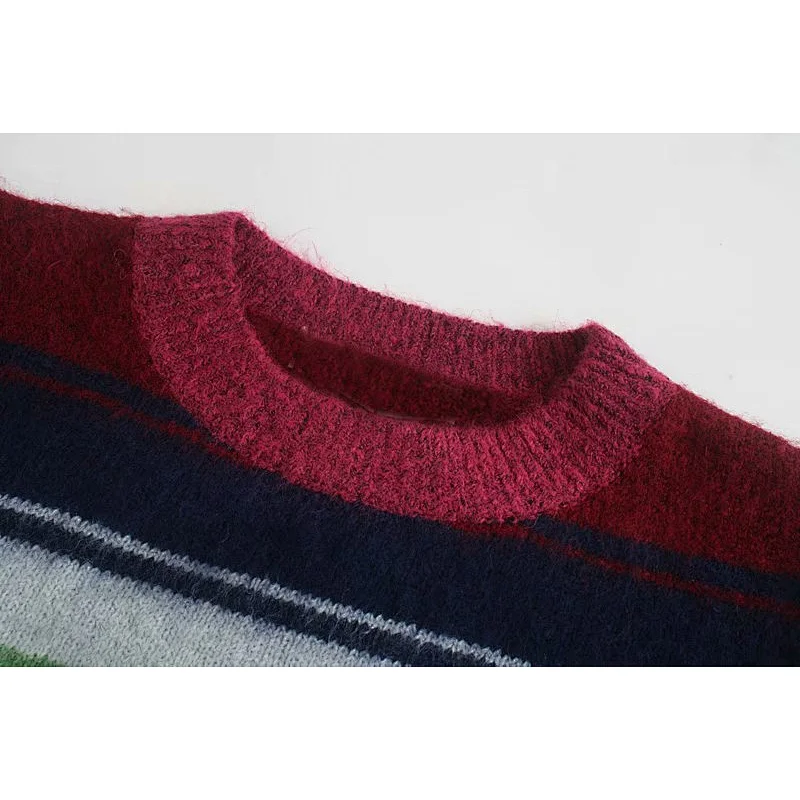 high quality jacquard knit crop top sweater women winter puff sleeve Striped Cropped mohair sweater