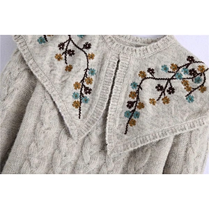 korean Embroidered womens knit sweater Cropped knitting crew neck embossed sweater
