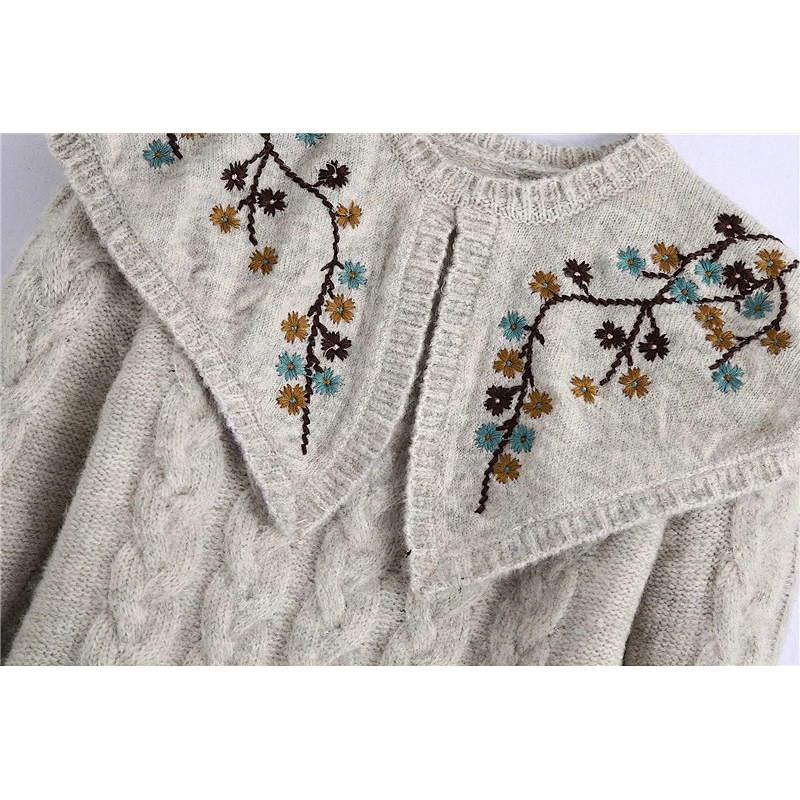 korean Embroidered womens knit sweater Cropped knitting crew neck embossed sweater