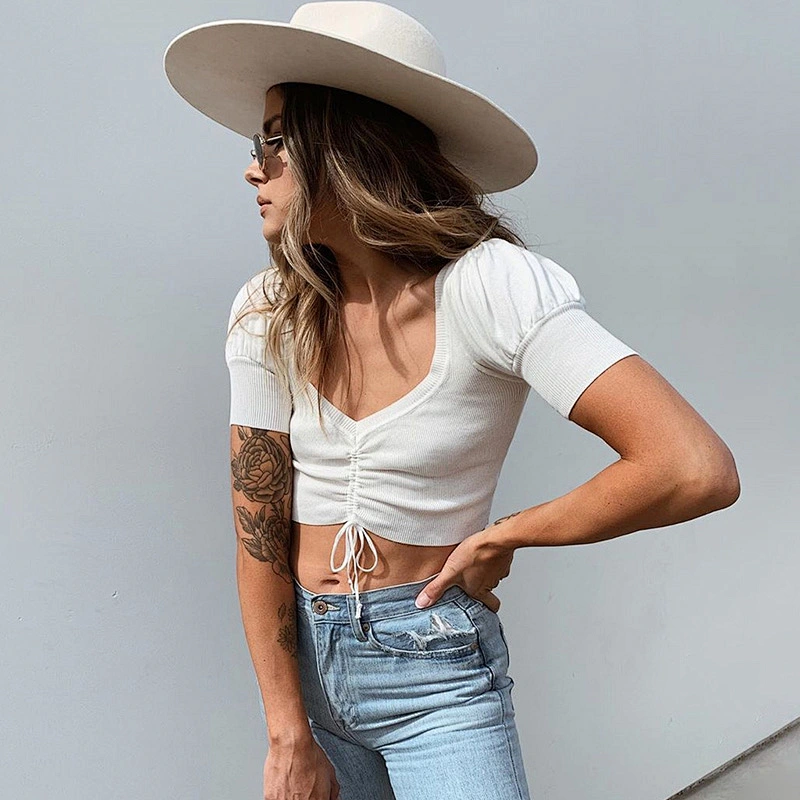 Wholesale INS Celebrities Retro Style Ruched Slim Top women summer clothing pure color ladies fashion sexy crop tops white