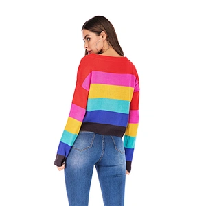 Women's loose knitwear fashion casual apparel rainbow striped long-sleeved sweater