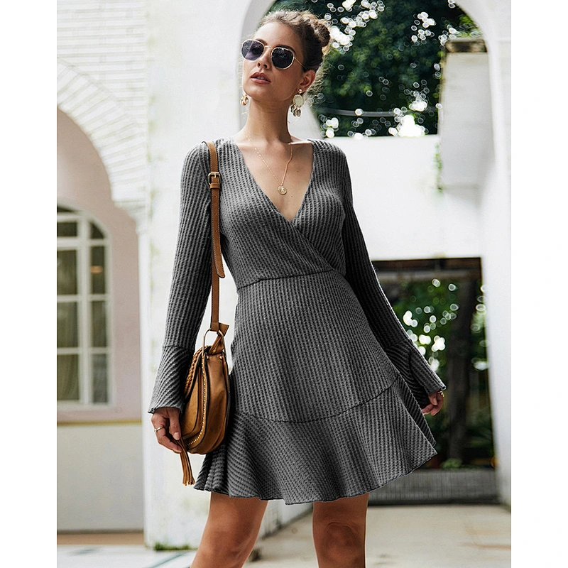 Fall clothing for women sexy v-neck knit dress ladies solid color dress wholesale apparel stock