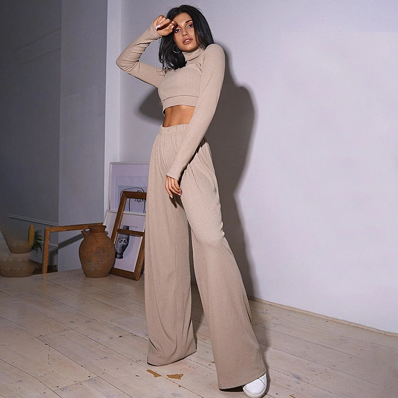 Fashion high necked pants sexy 2 piece corset sweater set women solid color slim sportswear