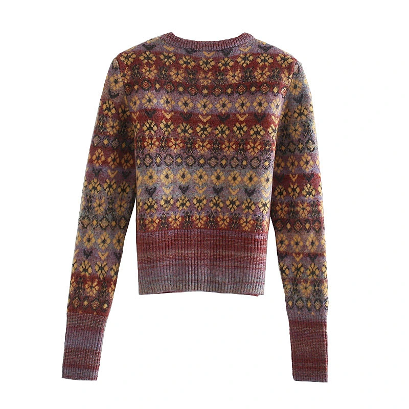 Fashion Jacquard Cropped Knitted Sweater O Neck Winter Pullovers Tops Women Knitwear
