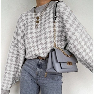 Fall clothing for women pullover houndstooth jacquard sweater in stock women knit sweater