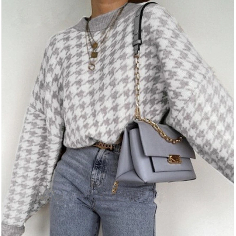 Fall clothing for women pullover houndstooth jacquard sweater in stock women knit sweater