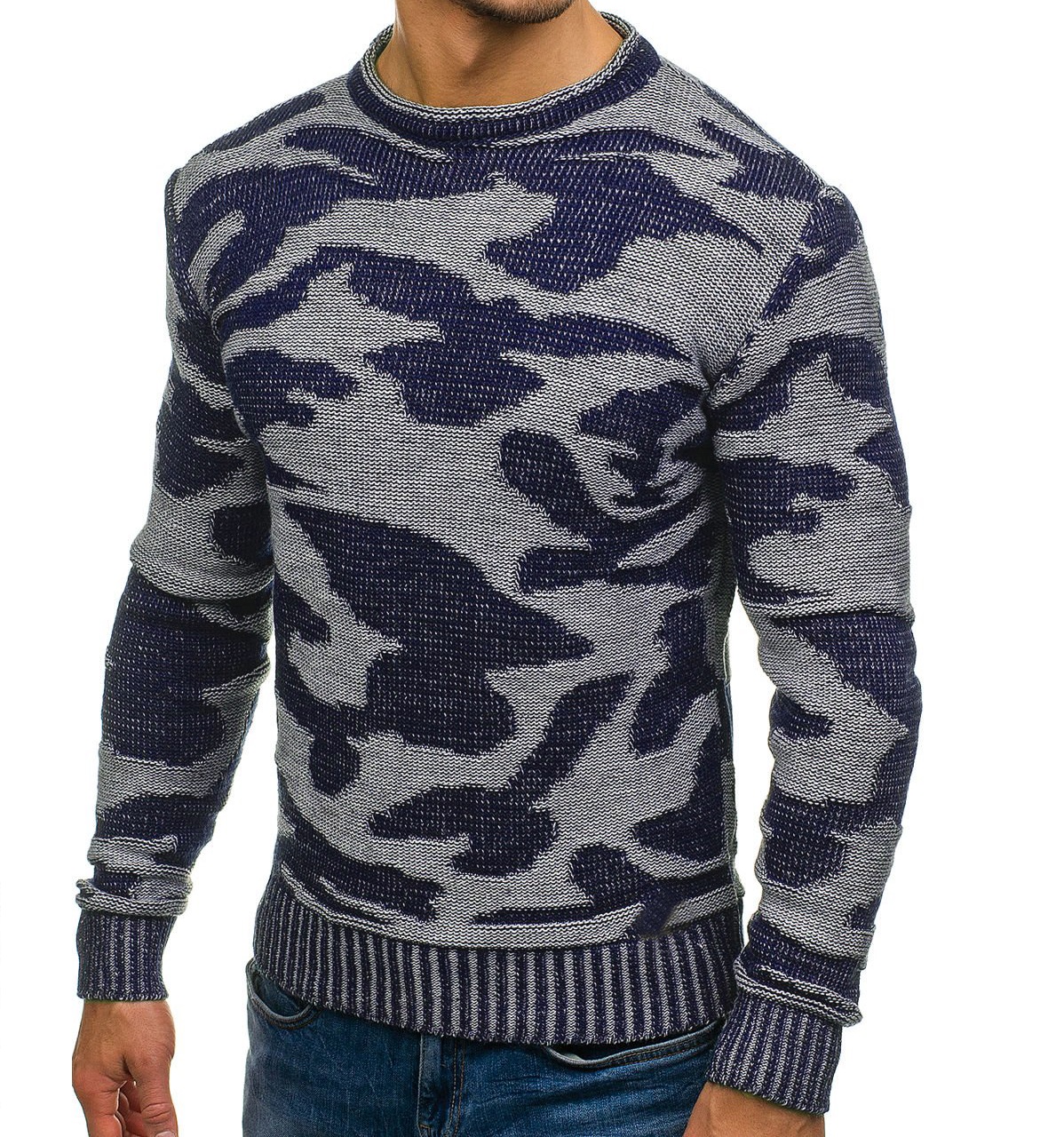 Fall/winter camouflage round neck pullover knit contrast color men printed sweaters