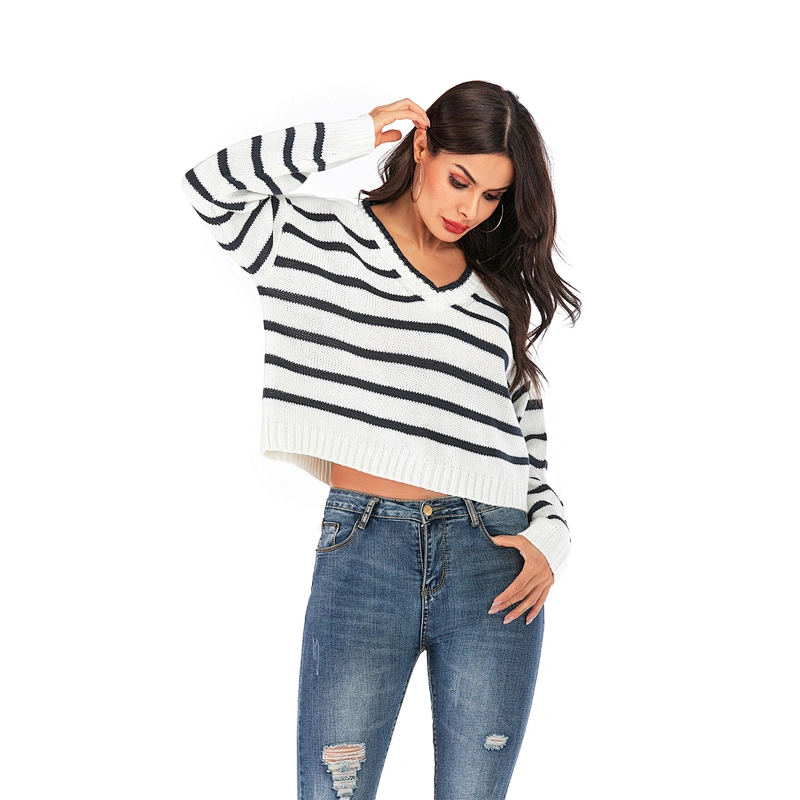 Pullover V-neck apparel striped loose knitwear women fashion sweater
