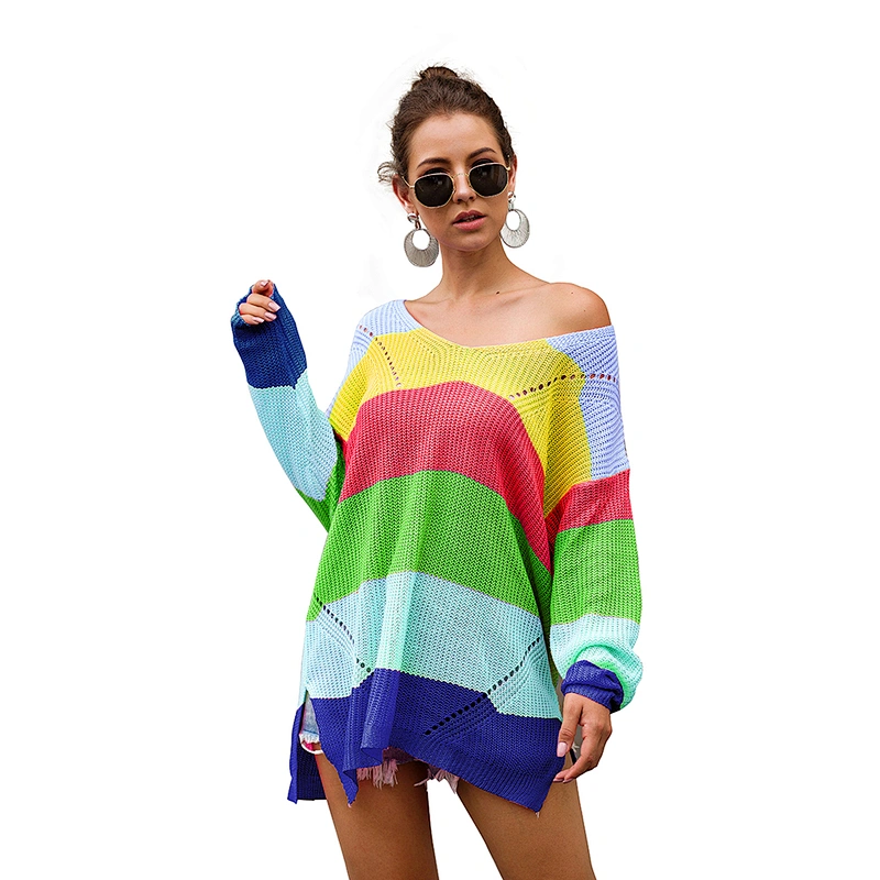 2020 rainbow striped color blocking long sleeve knitted loose pullovers clothes women Casual fashion sweater
