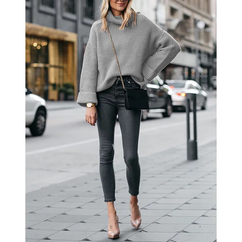 Solid color fashion knitwear casual women clothes  turtleneck sweater