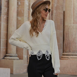 Autumn winter girls stylish knitted pullover sweater women's V neck fringed frayed short sweater