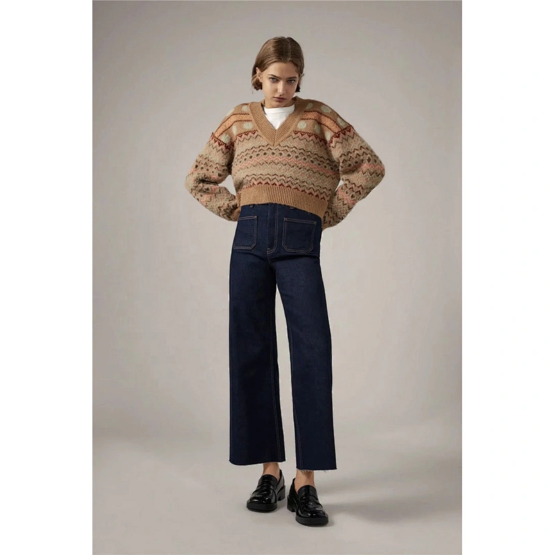 Ribbed Trims Jacquard Pullovers fashion sweaters for women trendy warm winter plus size crop top sweater