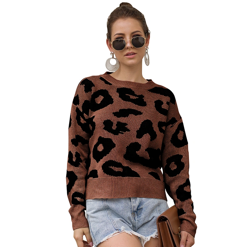 Leopard print round neck pullover long sleeve clothes women sweater