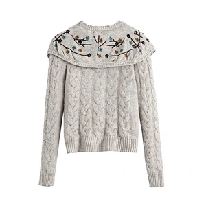korean Embroidered womens knit sweater Cropped knitting crew neck embossed sweater