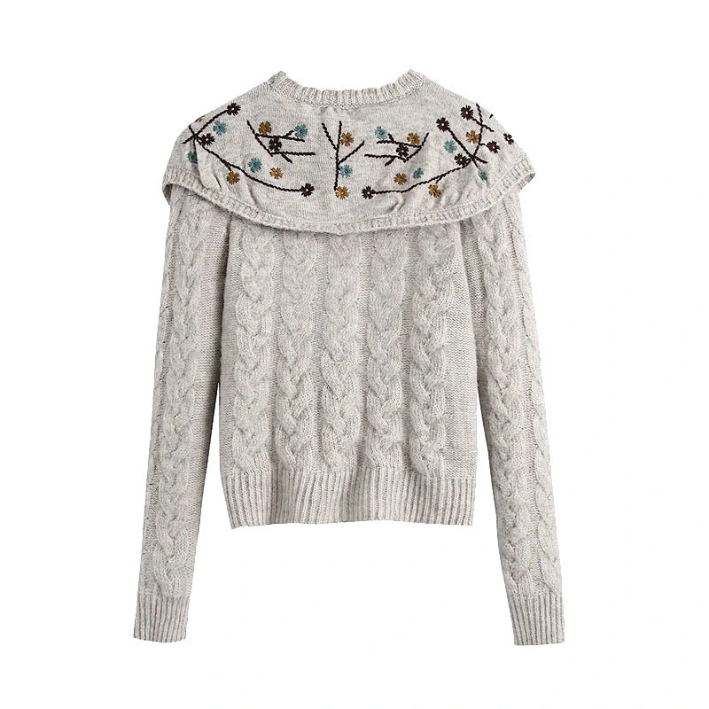 korean Embroidered womens knit sweater Cropped knitting crew neck embossed sweater
