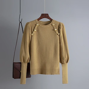 Solid color retro outfit Ruched sleeve round neck women knitted button sweater tops  blouses knitted basic sweaters