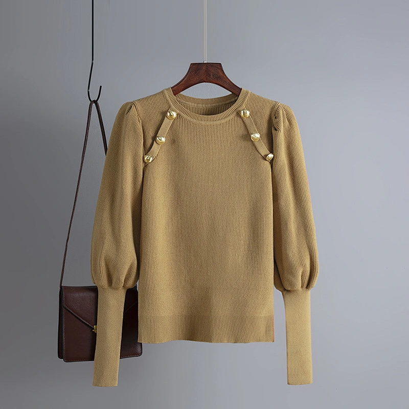 Solid color retro outfit Ruched sleeve round neck women knitted button sweater tops  blouses knitted basic sweaters