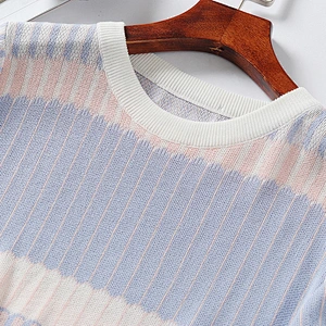 Summer thin sweater women's T-shirt round neck knit striped casual shirt knitted blouse