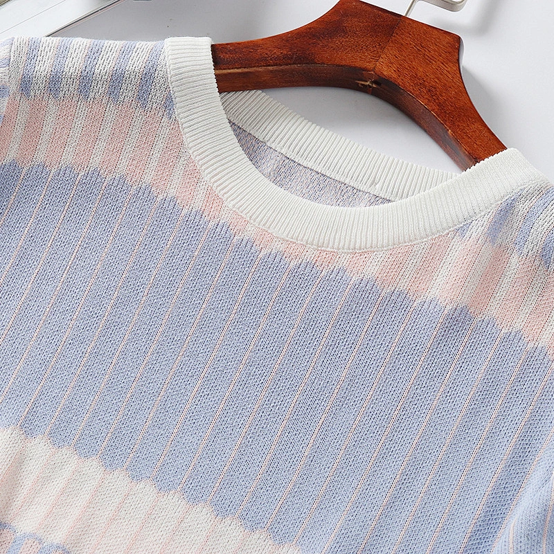 Summer thin sweater women's T-shirt round neck knit striped casual shirt knitted blouse