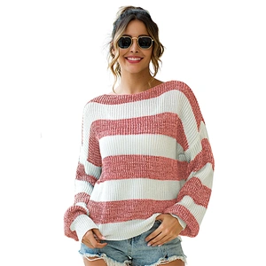 Korean style knitted & cotton long sleeve loose striped sweaters for women