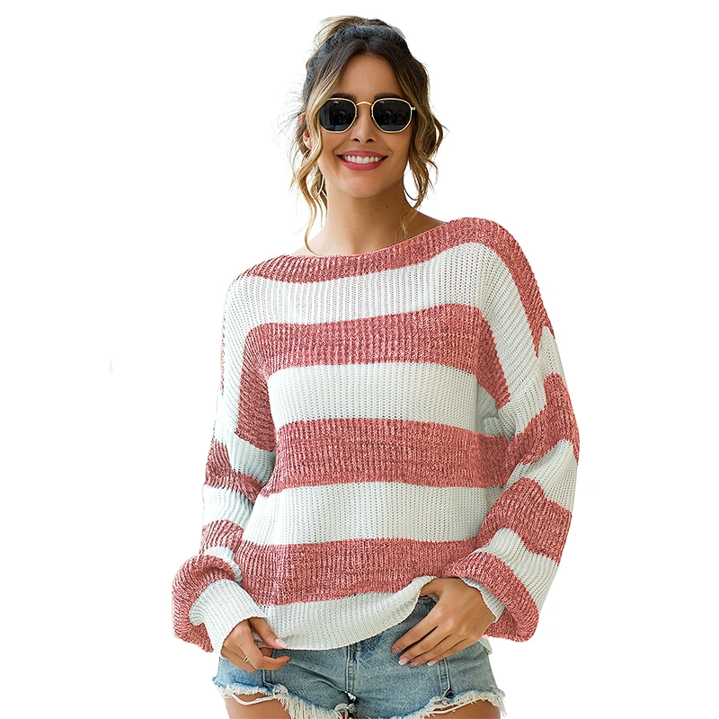 Korean style knitted & cotton long sleeve loose striped sweaters for women