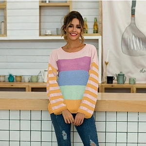 2020 Wholesale Custom Hot Selling New Fashion Striped Color Blocking Pullovers Summer Casual Clothes Women Sweater