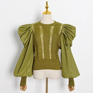 Autumn new style fashion retro puff sleeve tops round neck stitching knit sweater for women