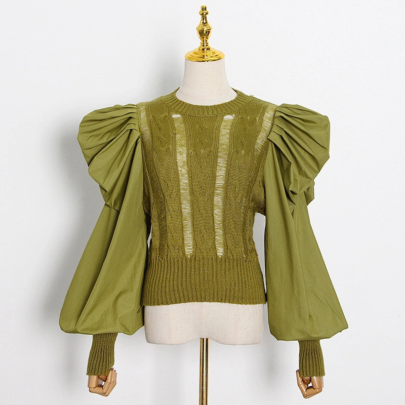Autumn new style fashion retro puff sleeve tops round neck stitching knit sweater for women