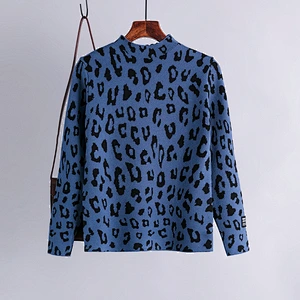 Leopard print high neck pullover sweater Korean top women autumn winter long sleeve loose knit ladies sweaters