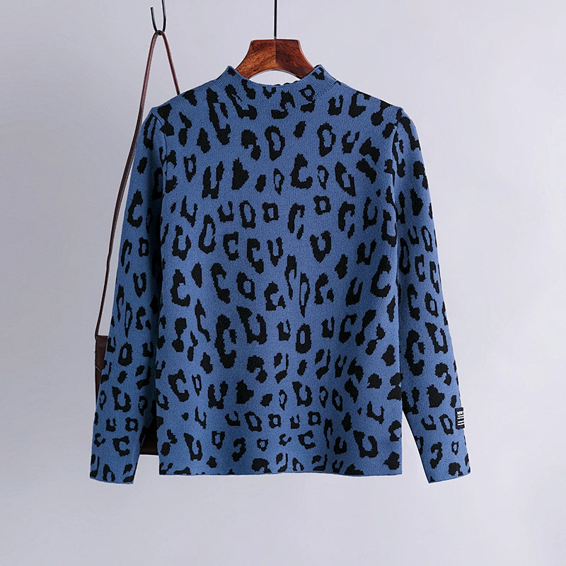 Leopard print high neck pullover sweater Korean top women autumn winter long sleeve loose knit ladies sweaters