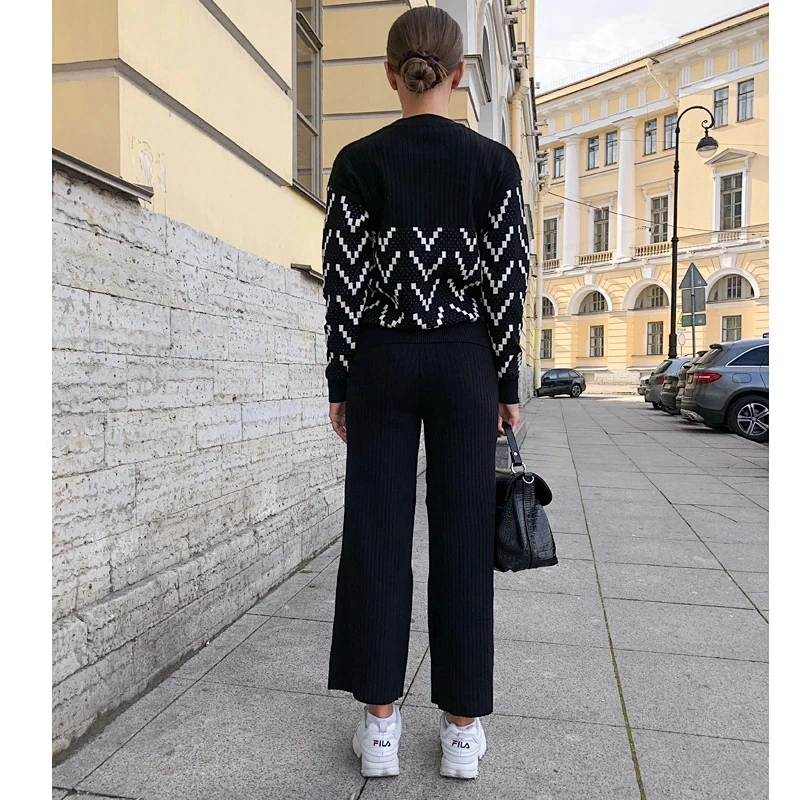 Winter fashion casual sweater 2 piece set women round neck plus size sweater set