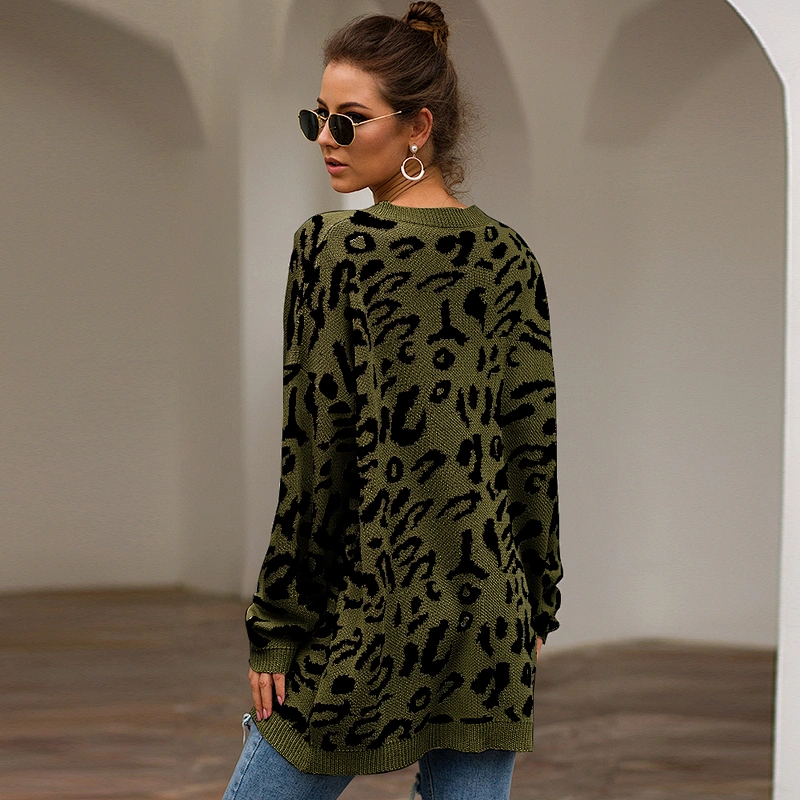 New arrival Leopard round neck pullovers winter fashion Casual Print Knit Long Sleeve clothes women sweater