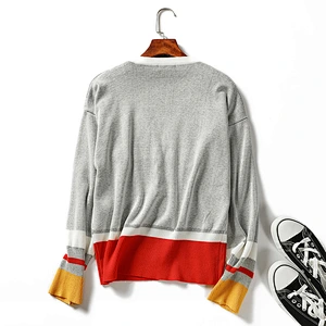 Winter contrast-coloured rib women knitting V-neck long-sleeved coatigan sweaters