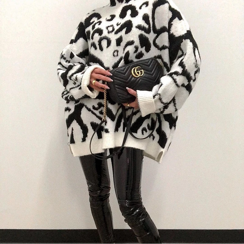 women winter designer oversized sweater dress long sleeve leopard turtleneck sweater set women