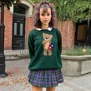 Cartoon bear cute solid color cozy female sweater tops round neck casual fashion women sweater