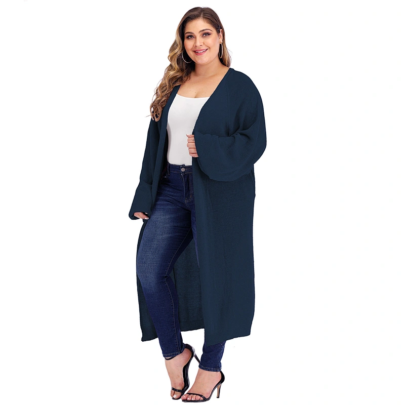 Plus size women loose pocket lantern sleeve long woven cardigan sweaters