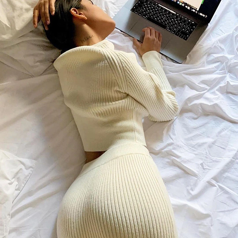 Designer sweater for women knit long sleeve sweater skirt set women sweater two piece short set