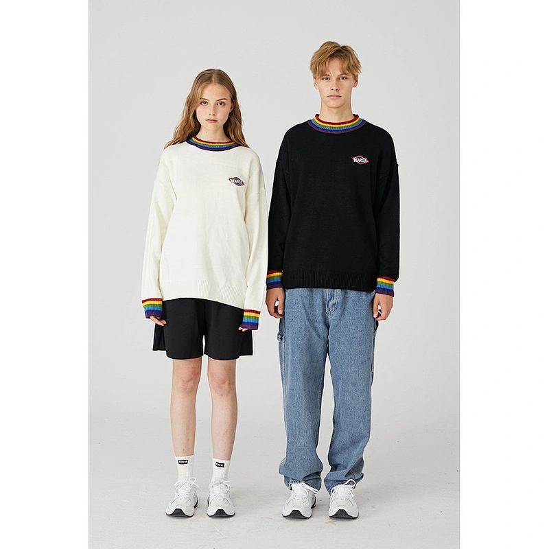 Unisex high collar oversize knitted sweater with logo custom embroidery men korean loose knitted sweater