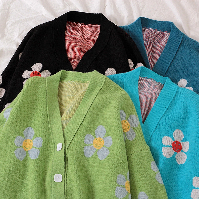 Flower Knit Cardigans Sweater Women V Neck Loose elegant Thickened Pull Print Short Casual Cardigan