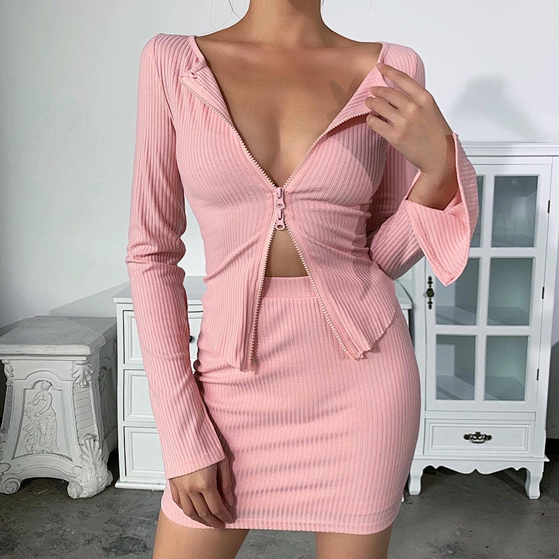 Fashion clothing for women sexy crop top two-way zipper knit shirt long sleeve crop top apparel stock mujer