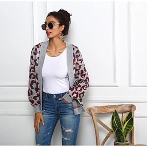 spring sweater grey leopard grain brown Diversified collocation of outer wear V-neck cardigans Sweater