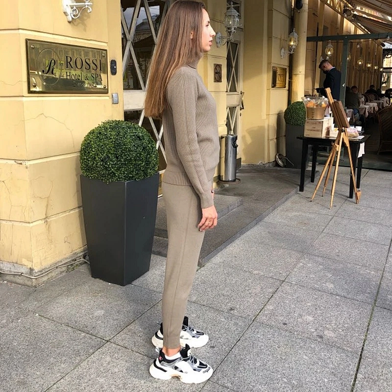 Winter Knit Sport sweater and jogger set Outfits Warm Turtleneck 2pc Women sweater sets