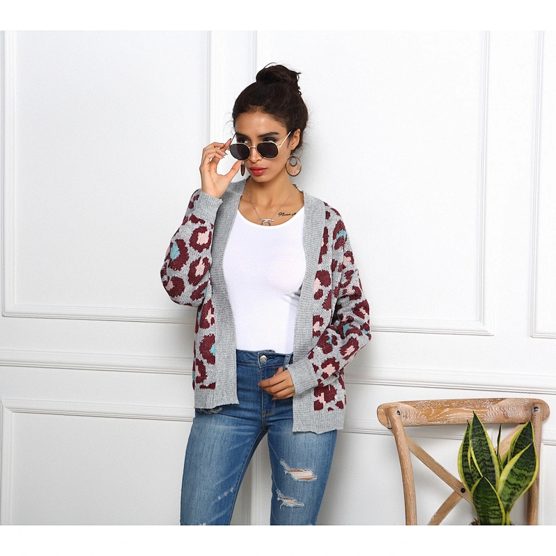 spring sweater grey leopard grain brown Diversified collocation of outer wear V-neck cardigans Sweater