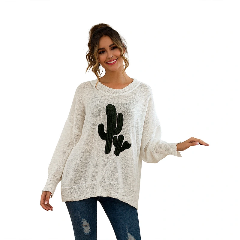 New style fashionable soild color round neck long sleeve pullovers cactus pattern casual clothes women sweater