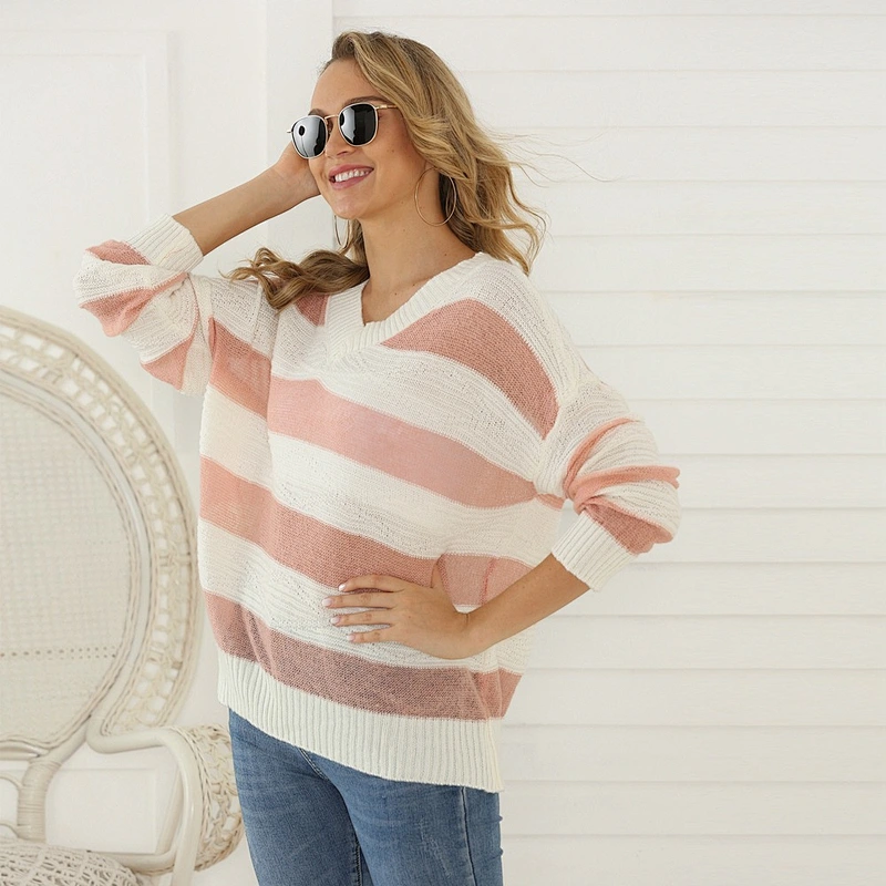Women's striped V-neck sweater pullover loose thin sweater fall women tops