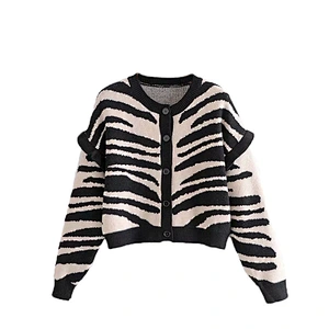 Zebra Print Ruffled Cropped knitted sweater cardigan custom women ladies girls knit sweaters