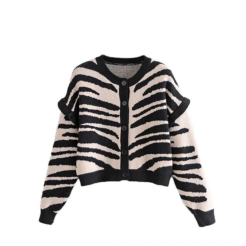 Zebra Print Ruffled Cropped knitted sweater cardigan custom women ladies girls knit sweaters