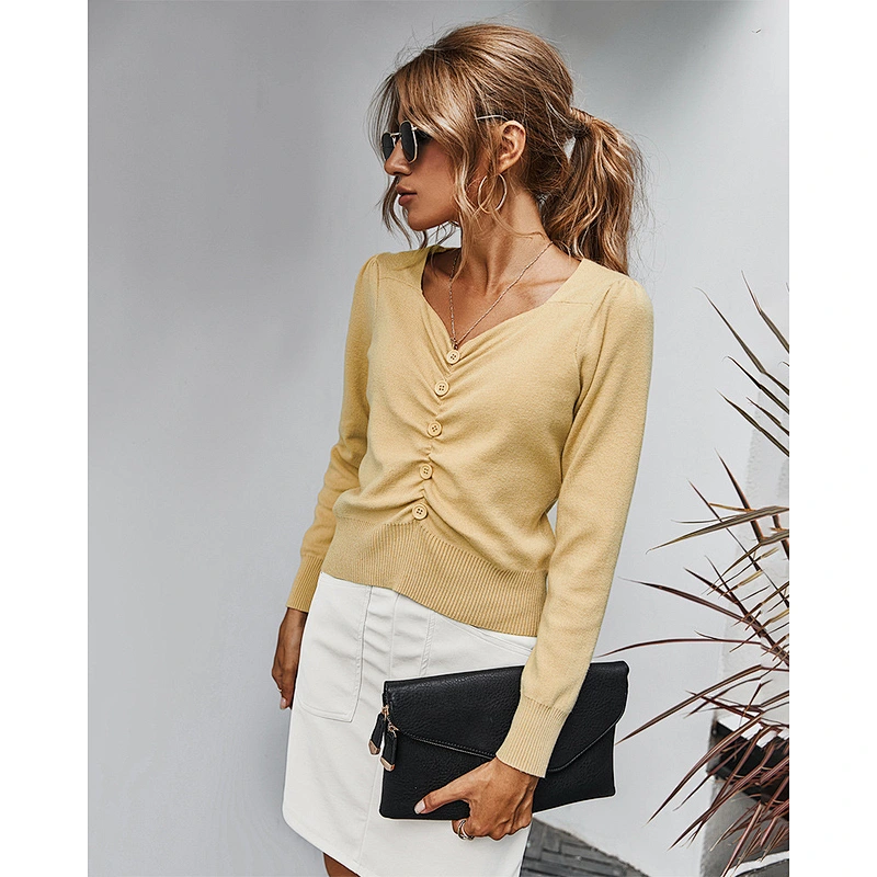 2020 New style fall sweaters for women fashion v-neck pleated knit top simple solid color shirt stock