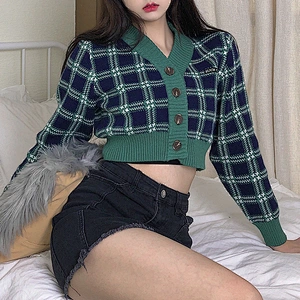 V-neck short cropped button wrap cardigan tops women jacket graphic autumn woman sweater